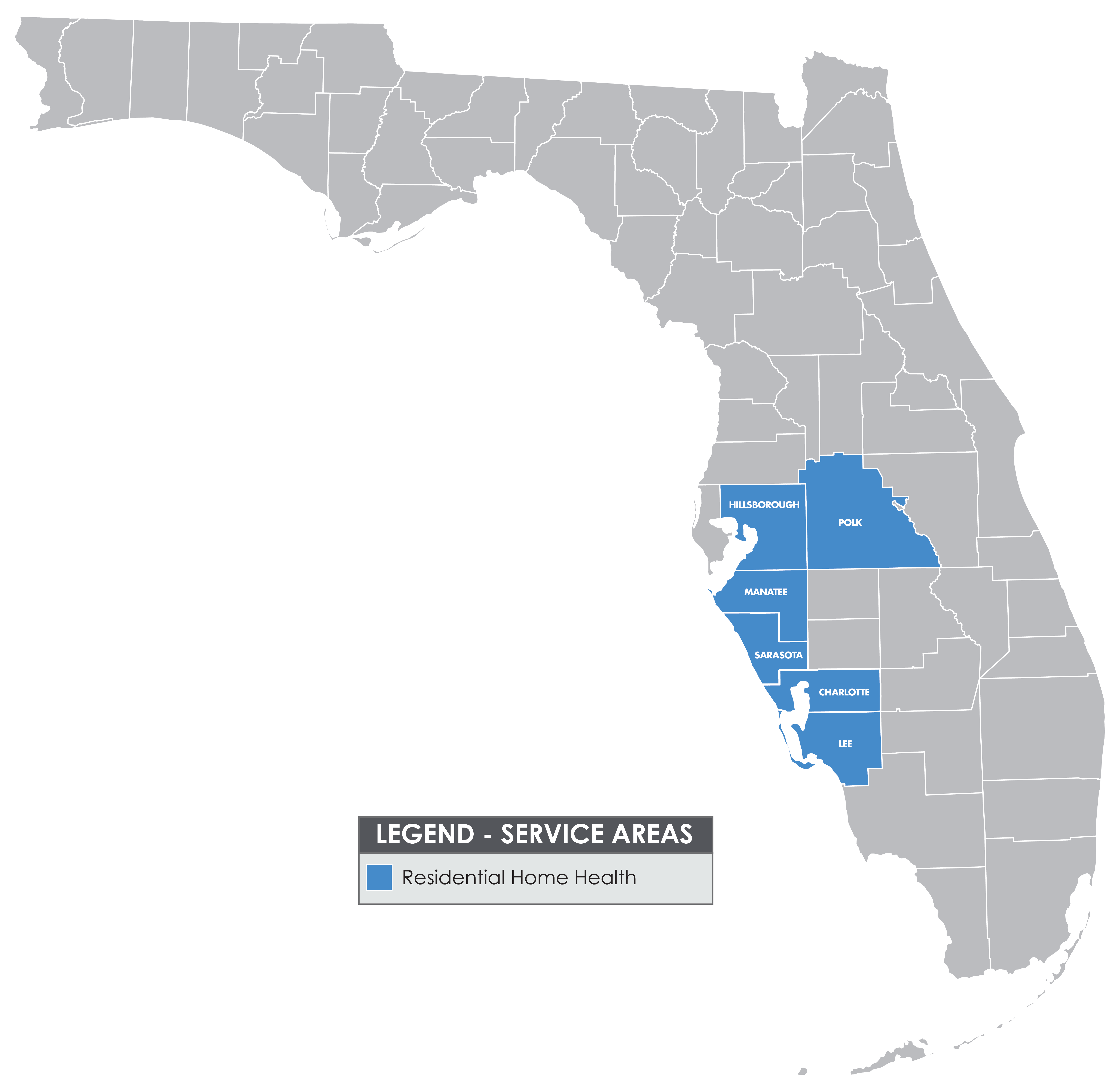 Service area map for Residential Home Health in Florida