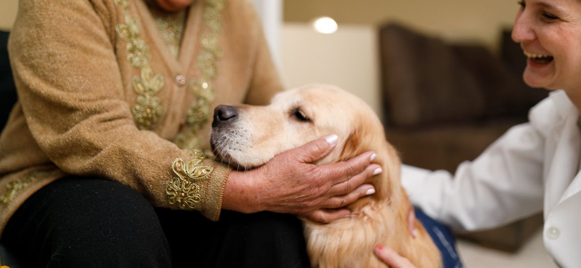 Pet therapy volunteer and a therapy dog visiting with a hospice patient