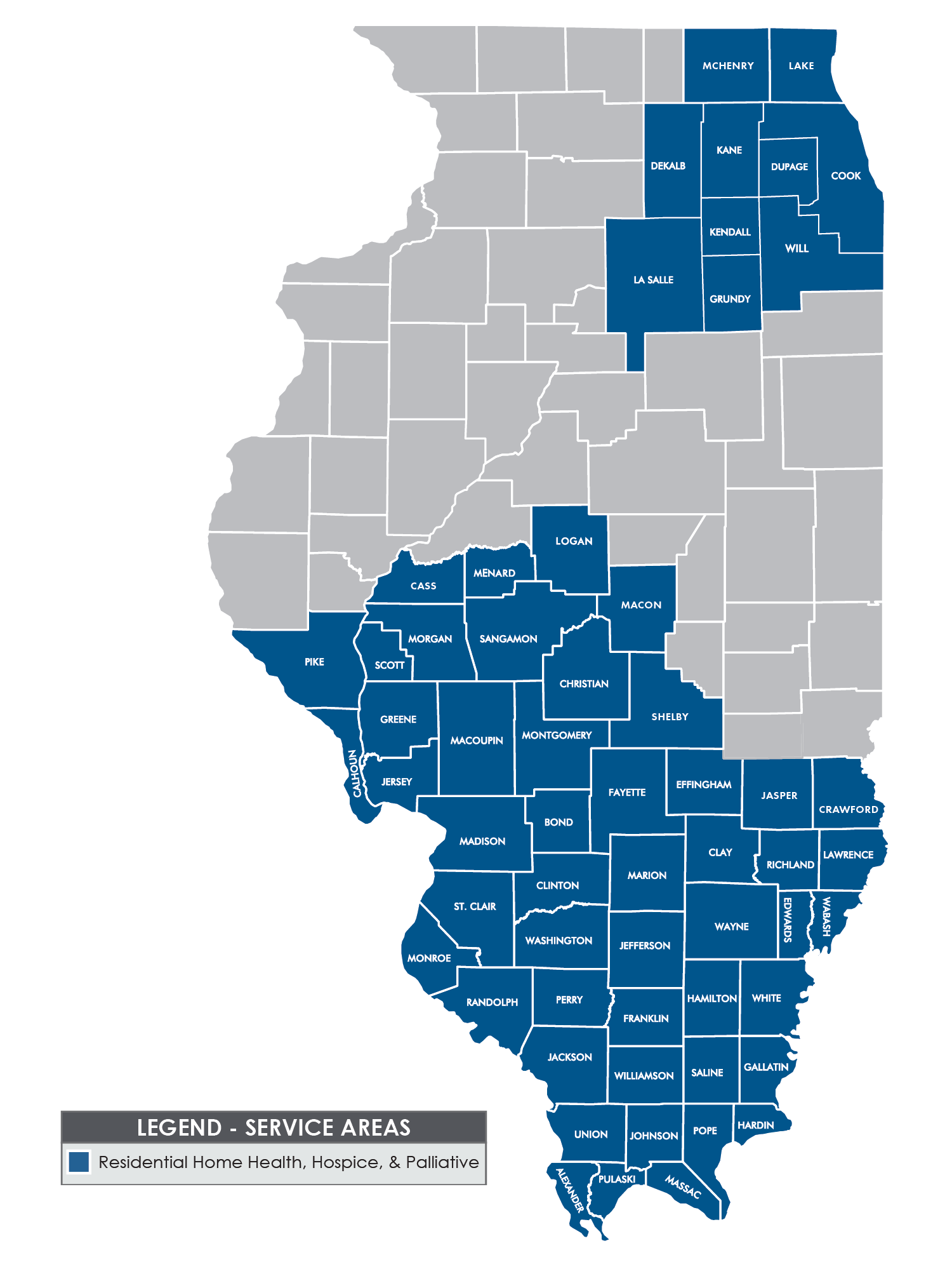 A picture of the service areas map for Residential Home Health, Hospice, and Palliative Care